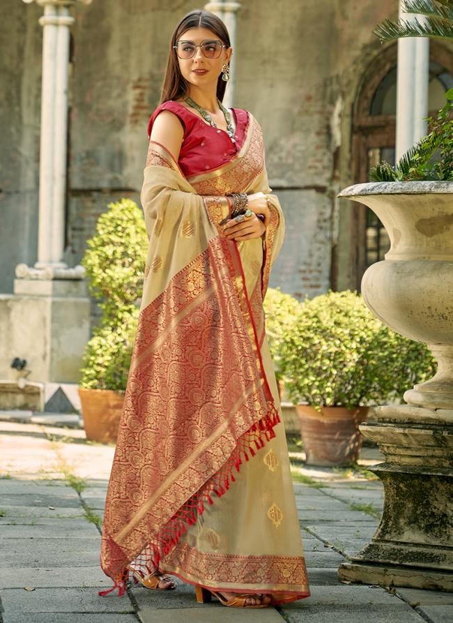 Tissue Silk Peach Party Wear Weaving Saree